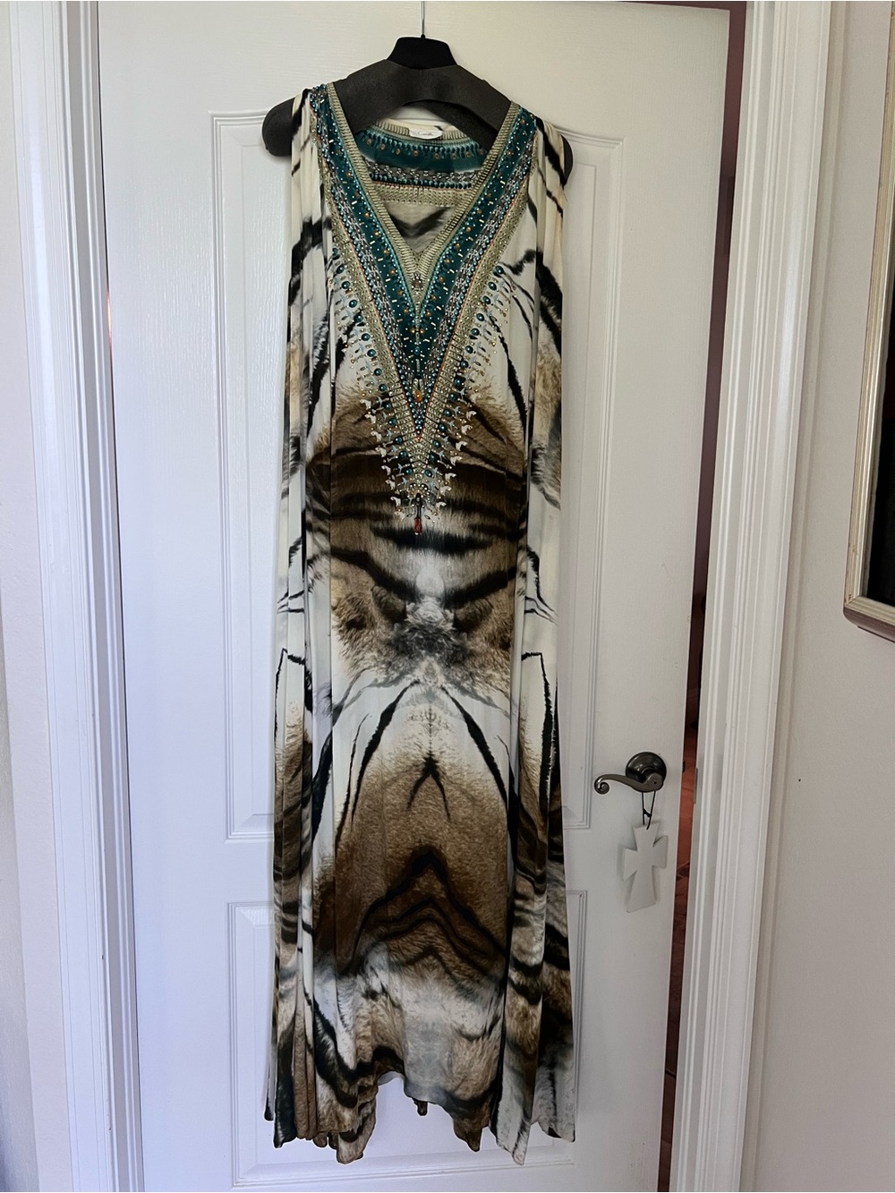 Camilla Teal-Embellished Brown & Cream Animal-Print Maxi Dress